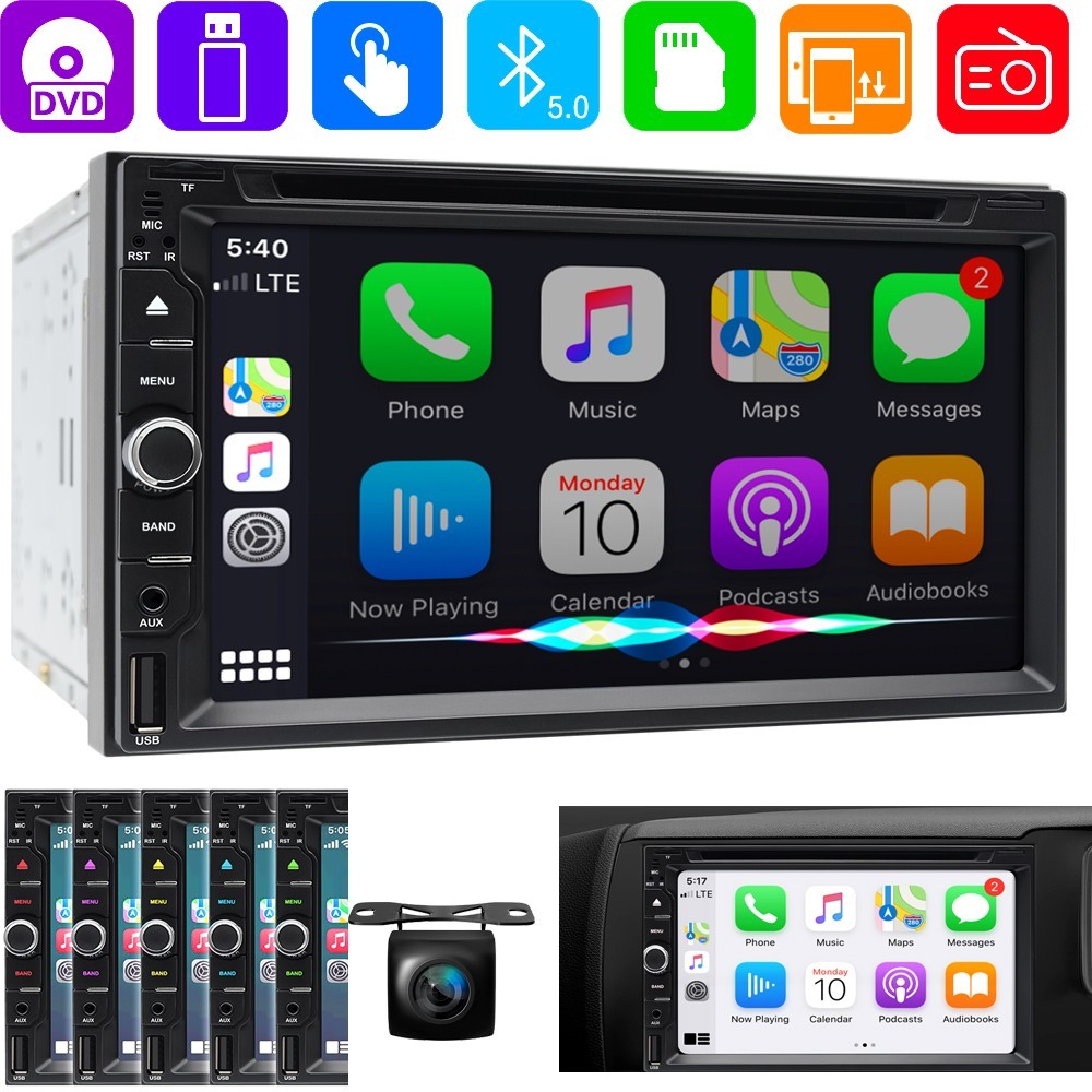 Double Din Car Stereo Radio CD DVD Bluetooth In-Dash Player with Carplay +Camera