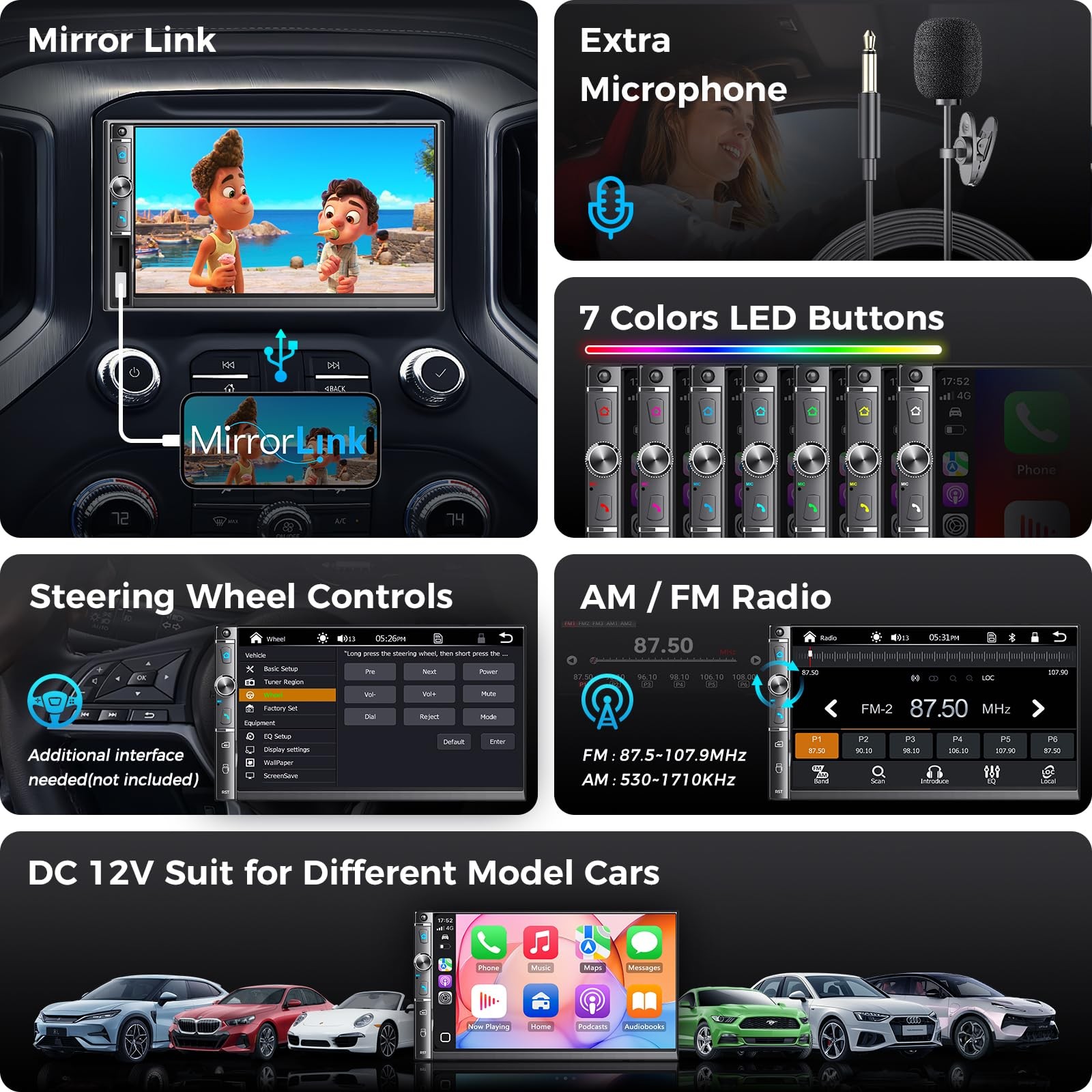 Kissound 7″ Double Din Car Stereo, Wireless Apple Carplay & Android Auto, HD …