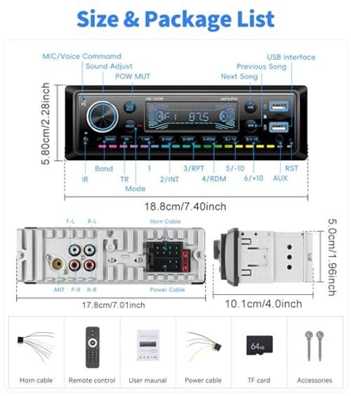 Single Din Car Stereo Bluetooth 5.0 Audio Radio with 64G Card FM Receiver