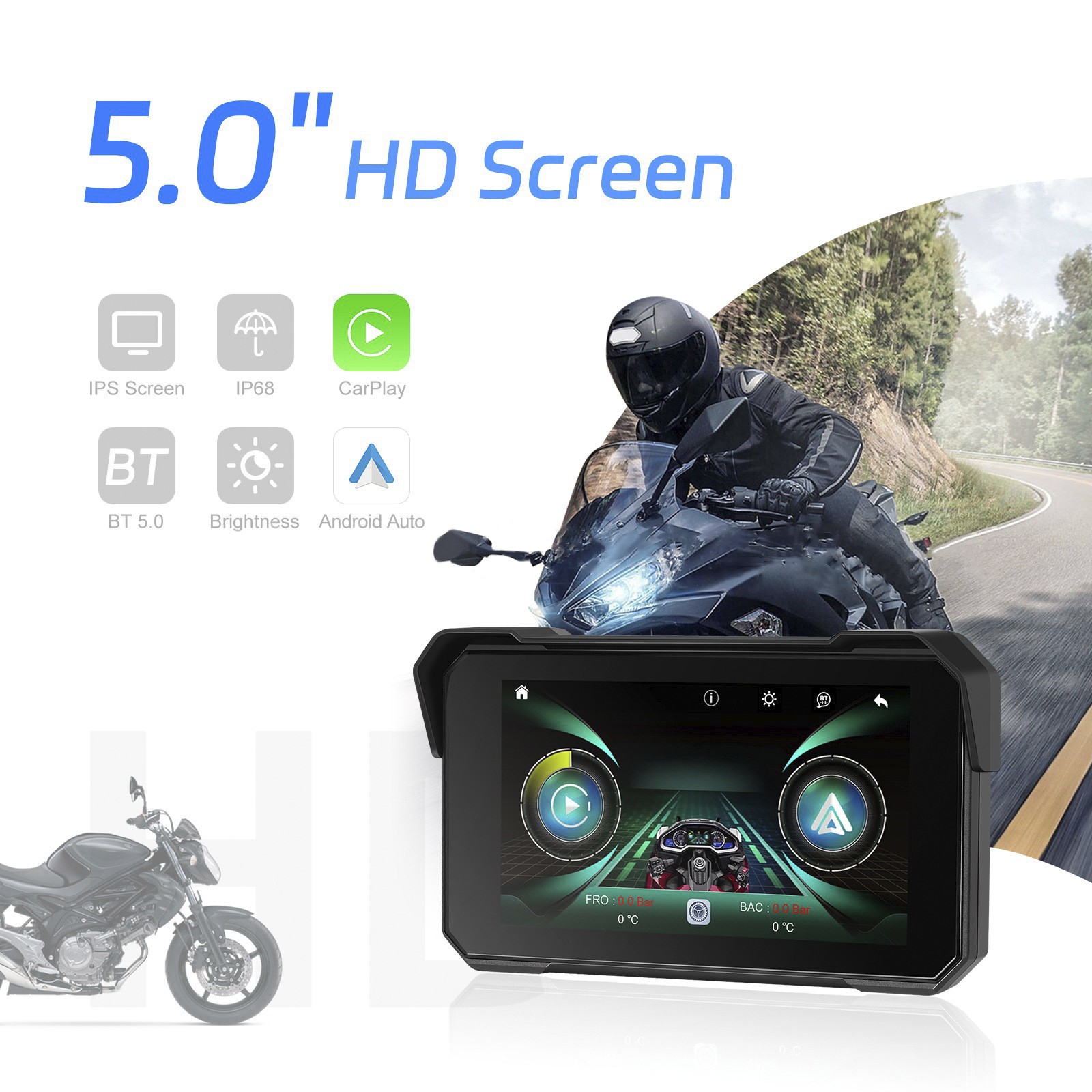 5-inch Wireless CarPlay Android Auto Navigation Sunproof for Motorcycles