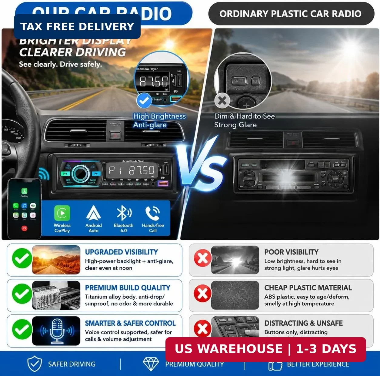 Single DIN Marine Bluetooth Radio Boat Stereo Receiver with Remote