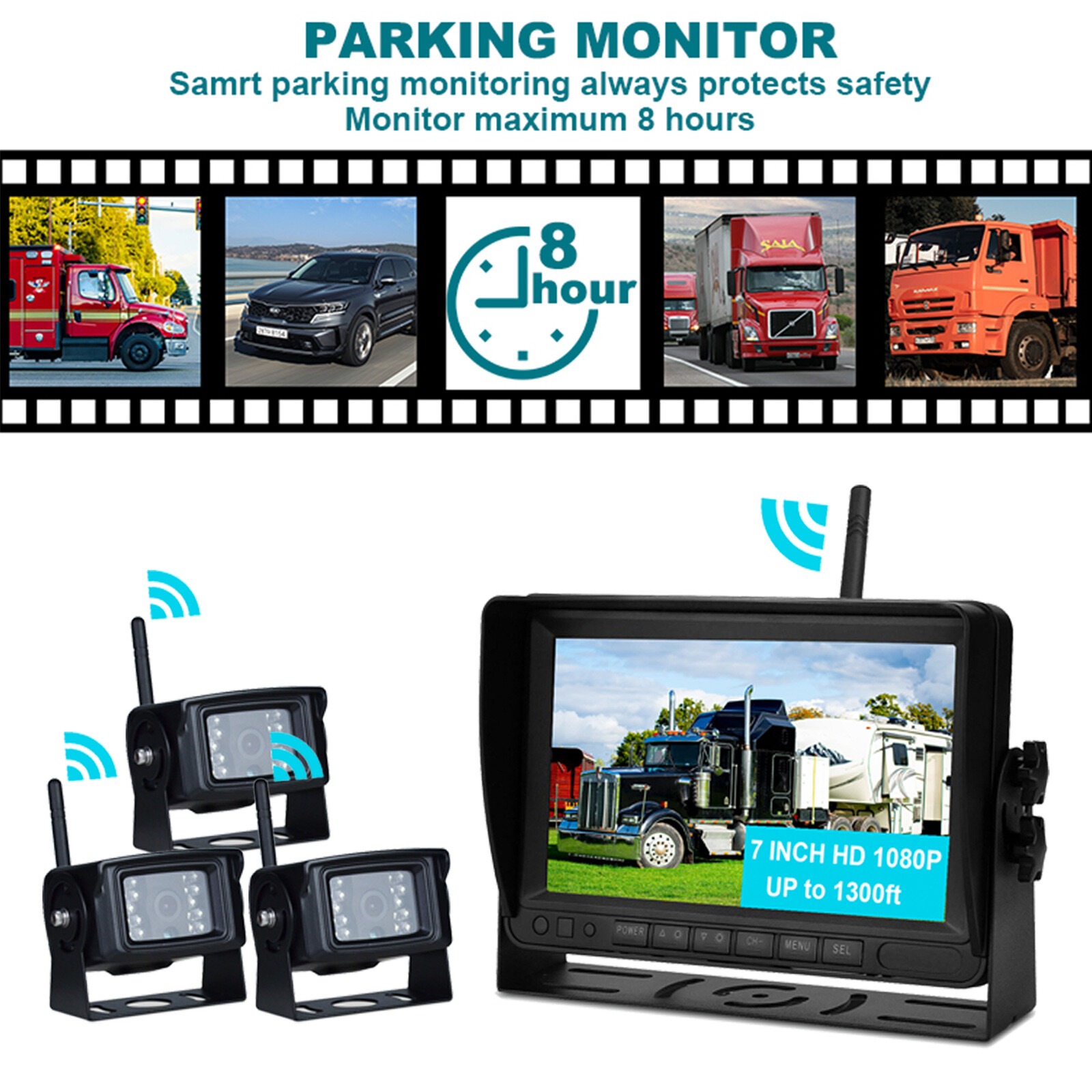 7″ Display AHD 1080P Wireless 3CH Rear View Backup Camera for Truck Trailer US