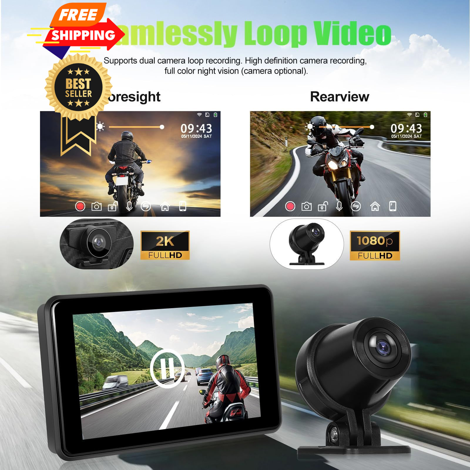 CAMECHO Motorcycle Carplay Screen with 2K Dash Cam/HD 5-inch Cameras