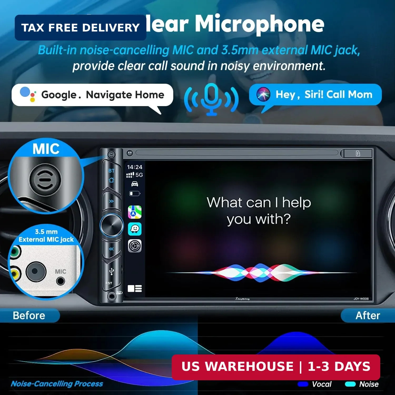 Upgrade Wireless Double Din Car Stereo with Carplay, Android Auto, Bluetooth, 4-