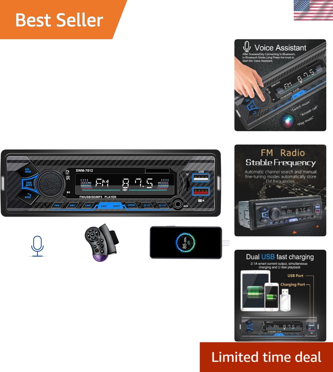 Compact 7-Inch Touchscreen Car Stereo with Dual USB Fast Charging & Bluetooth