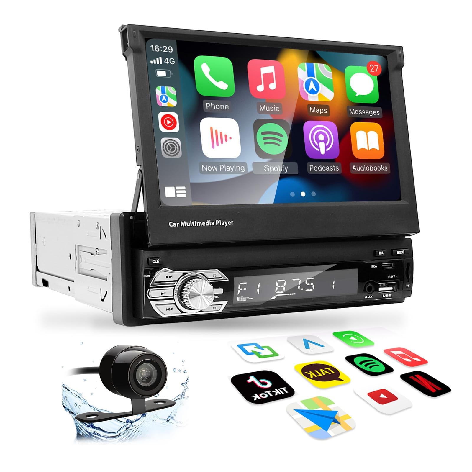 Retractable Car Radio, 1 Din Stereo Hidden Screen