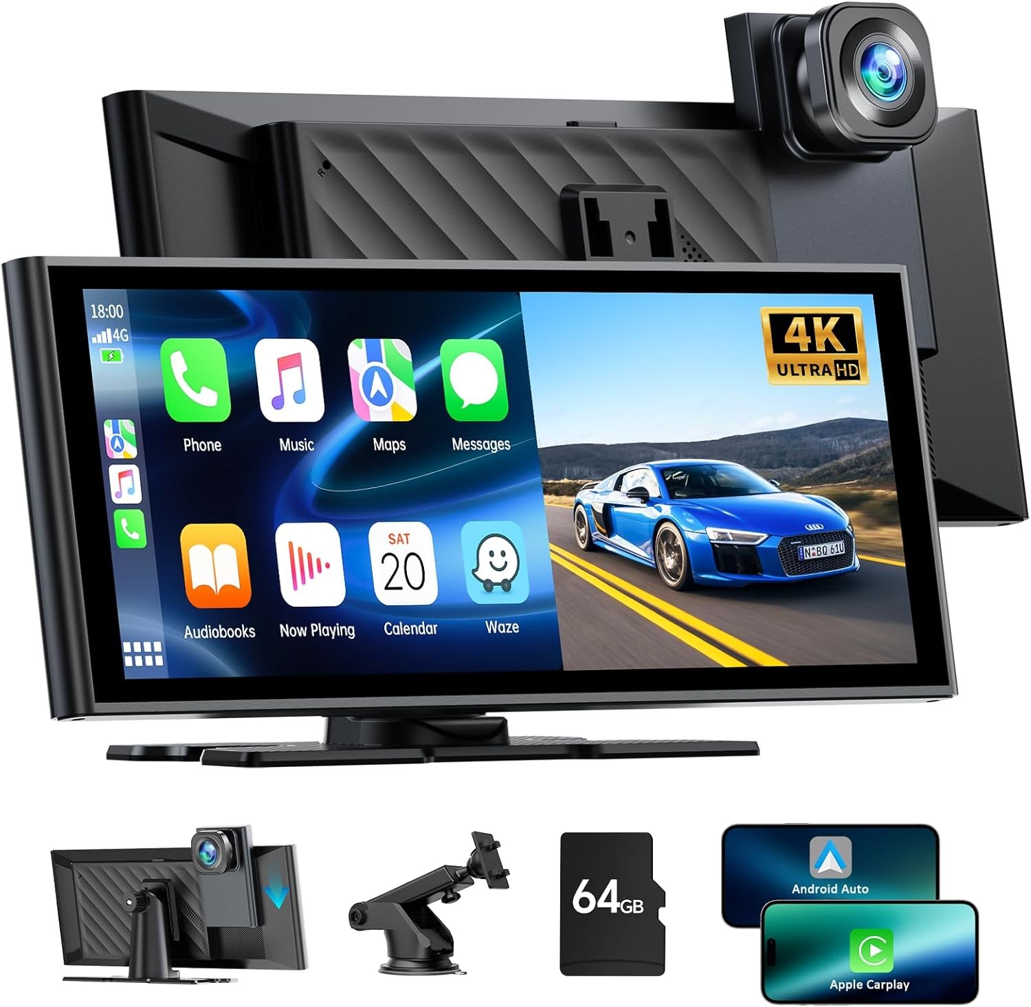 10.26″4K Dash Camera Car Stereo Radio Wireless Apple Carplay&Android Auto 64GB