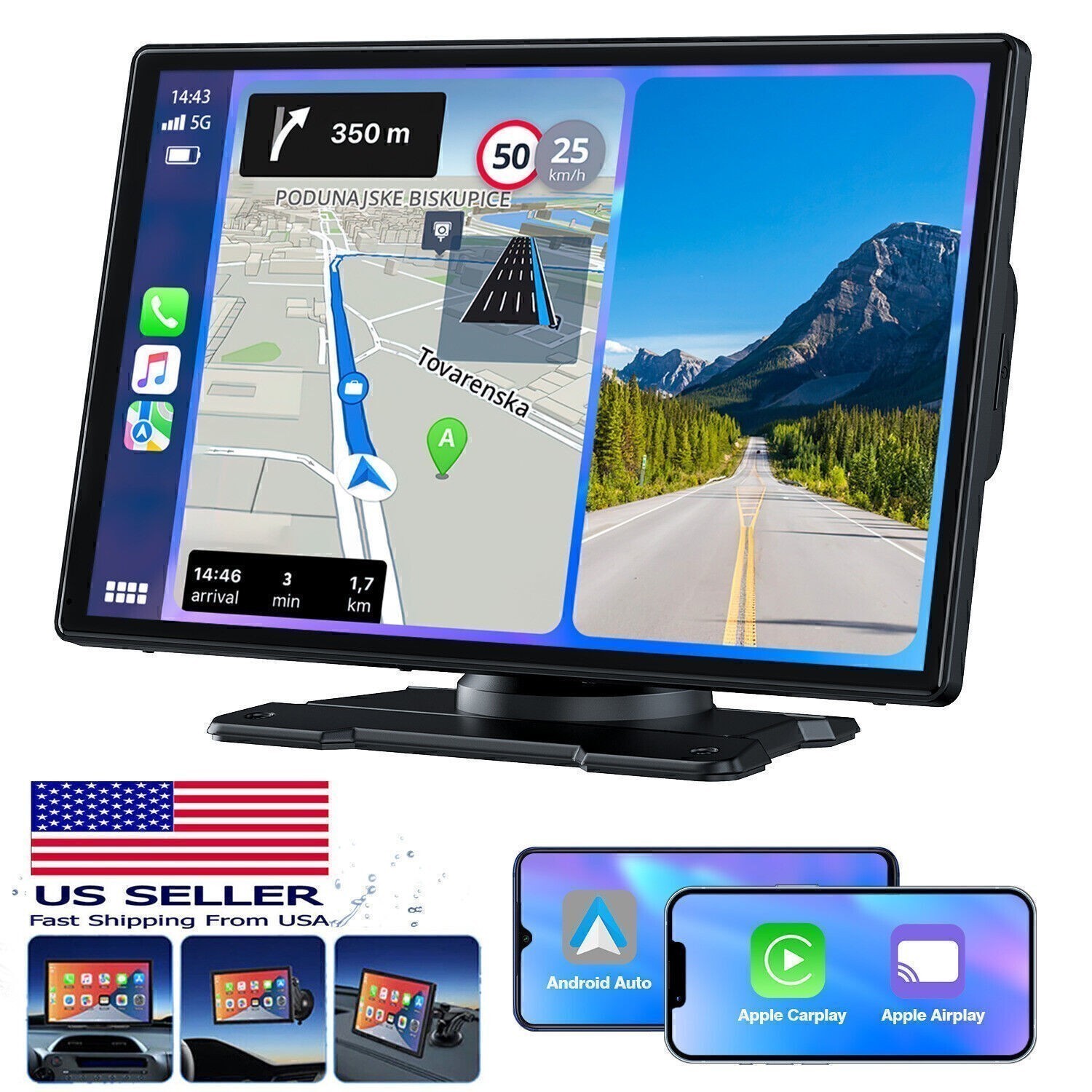 Wireless Bt Car Stereo Apple Carplay & Android Auto with GPS Navigation,AUX,FM