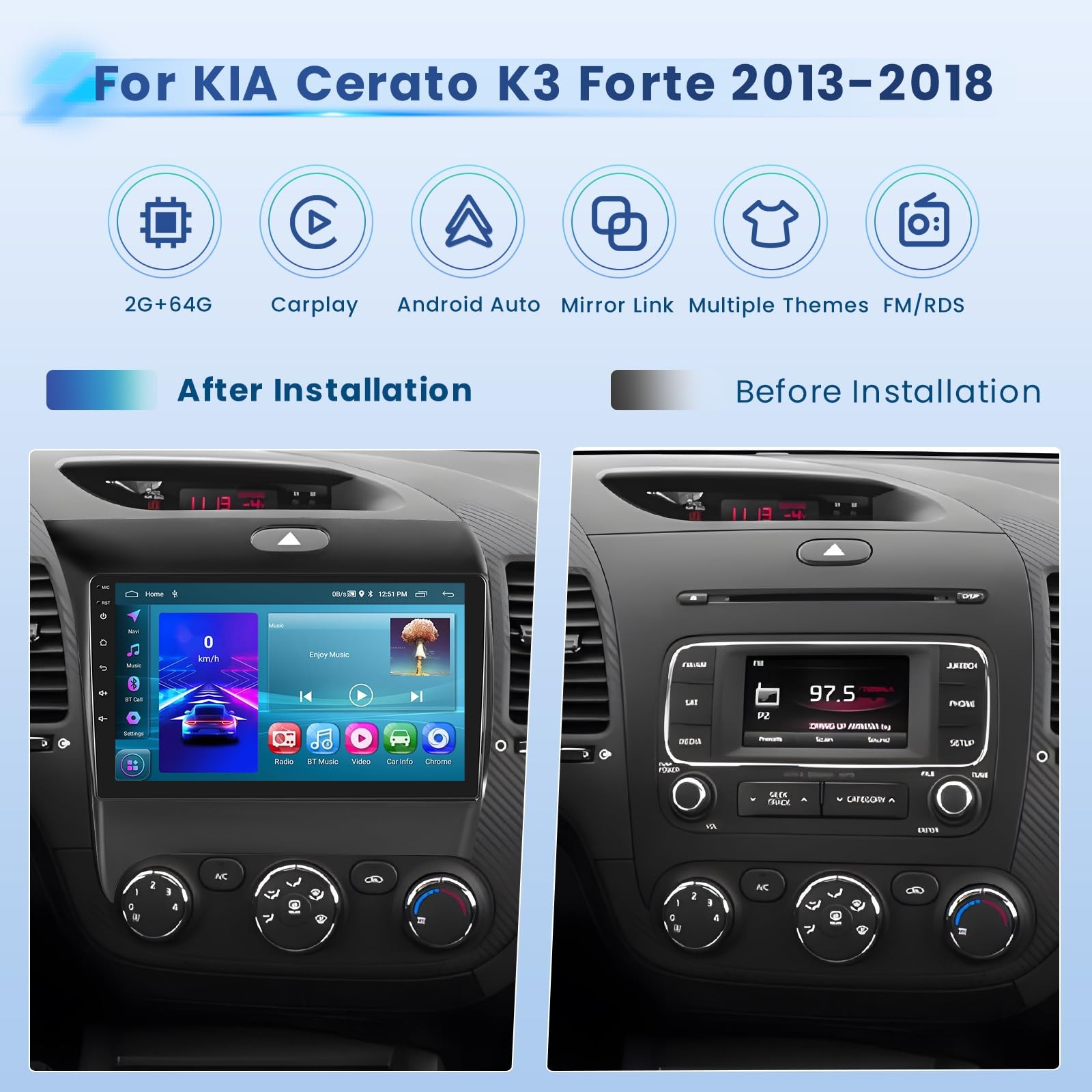 64G Car CarPlay Radio Stereo GPS For Kia Forte 2013-2018 Navi WiFi FM 1280*800