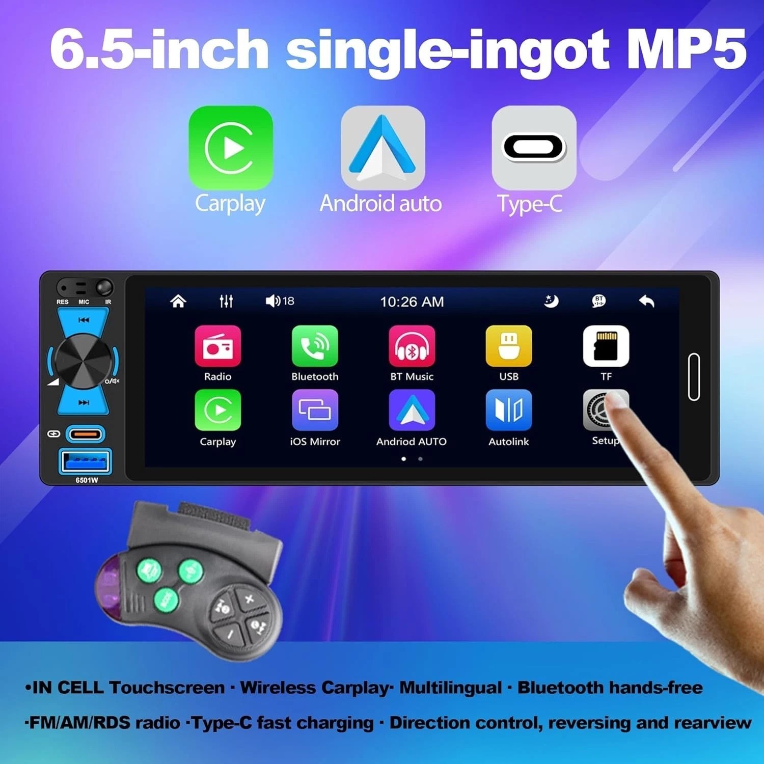 6.5″ Single Din Car Stereo Wireless Apple CarPlay Android Auto, Car Radio Blu…