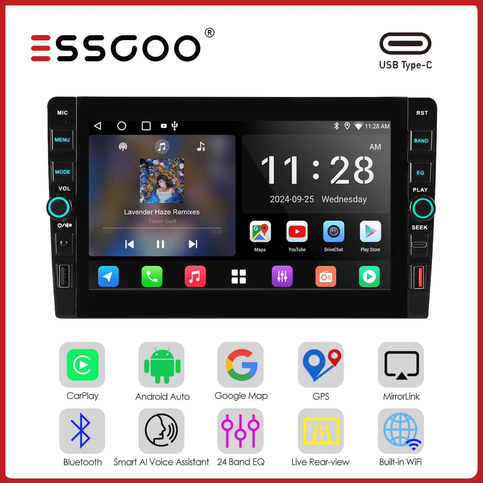 9 Inch 2 DIN Car Stereo Radio 4G+64GB Android 15 Carplay GPS Navi WIFI BT FM/RDS