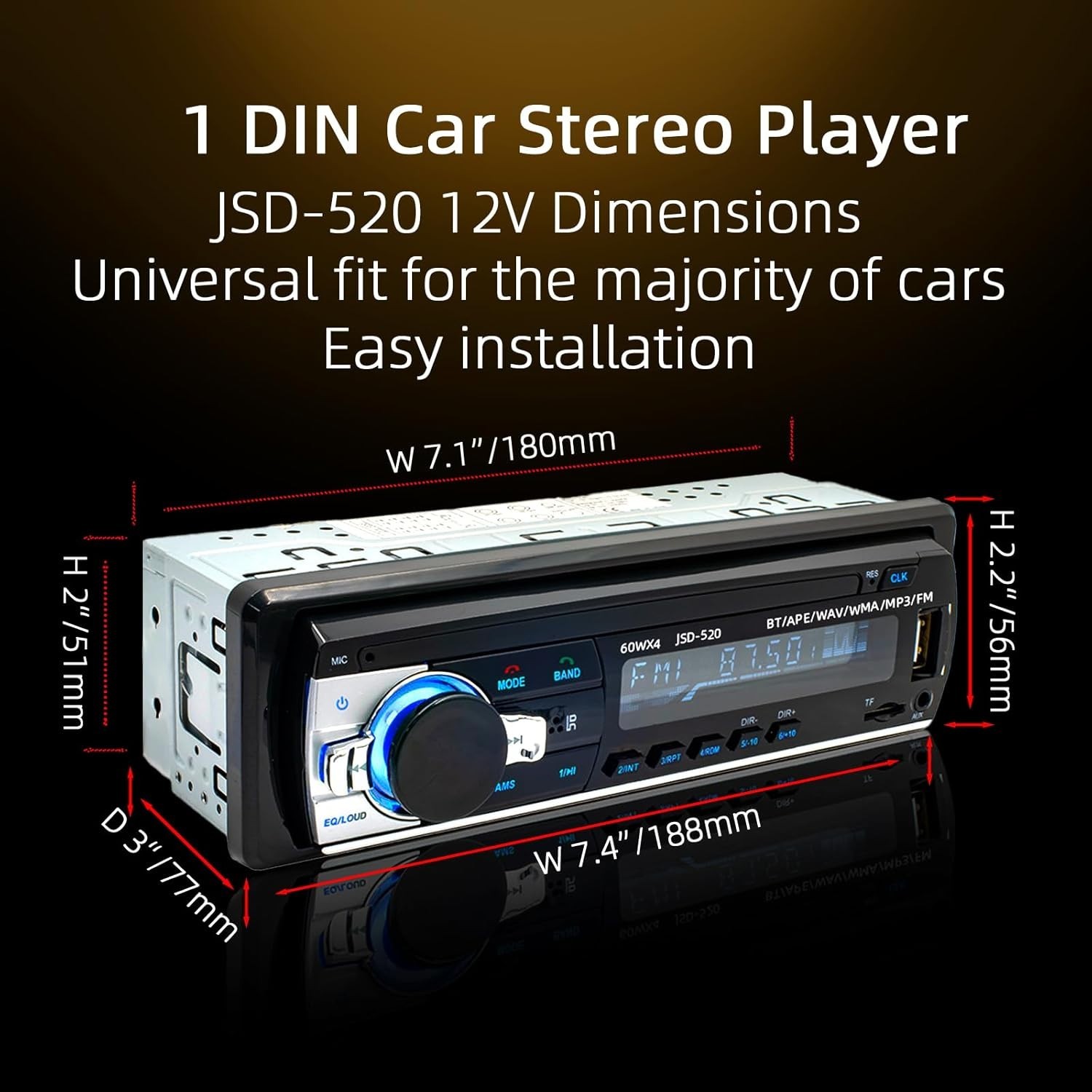 Compact JSD-520 Single Din Car Stereo with Bluetooth & Hands-free Calling