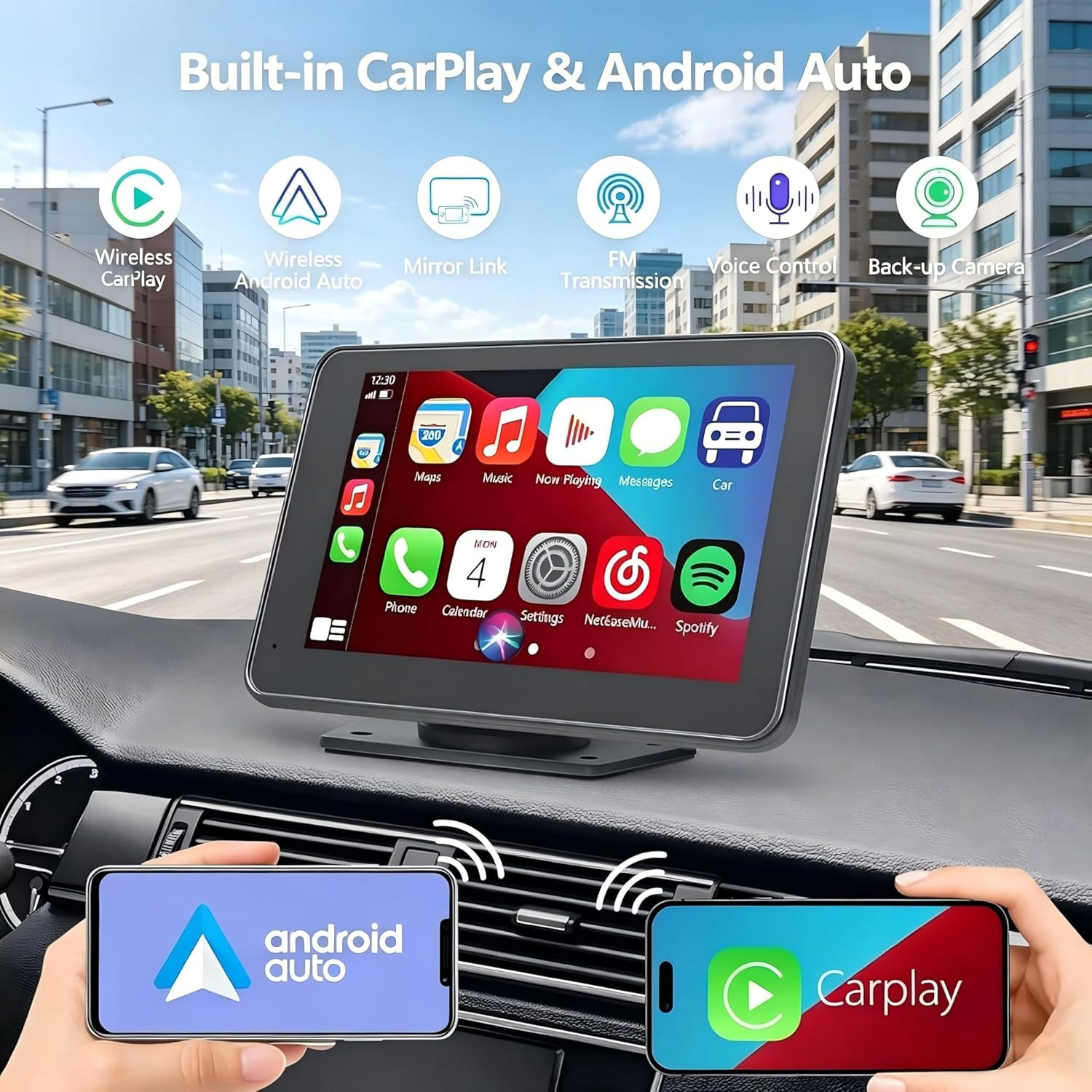 Carplay Screen for Car with Apple Carplay/Android Auto, 7″ Wireless Car Stereo,