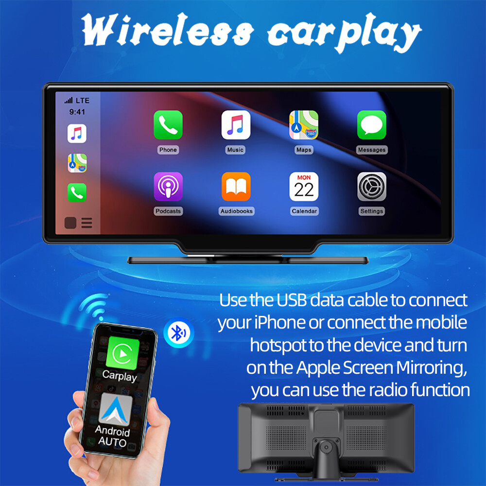 10″ Portable Bluetooth Car Stereo Wireless CarPlay Android Auto Touch Screen AUX