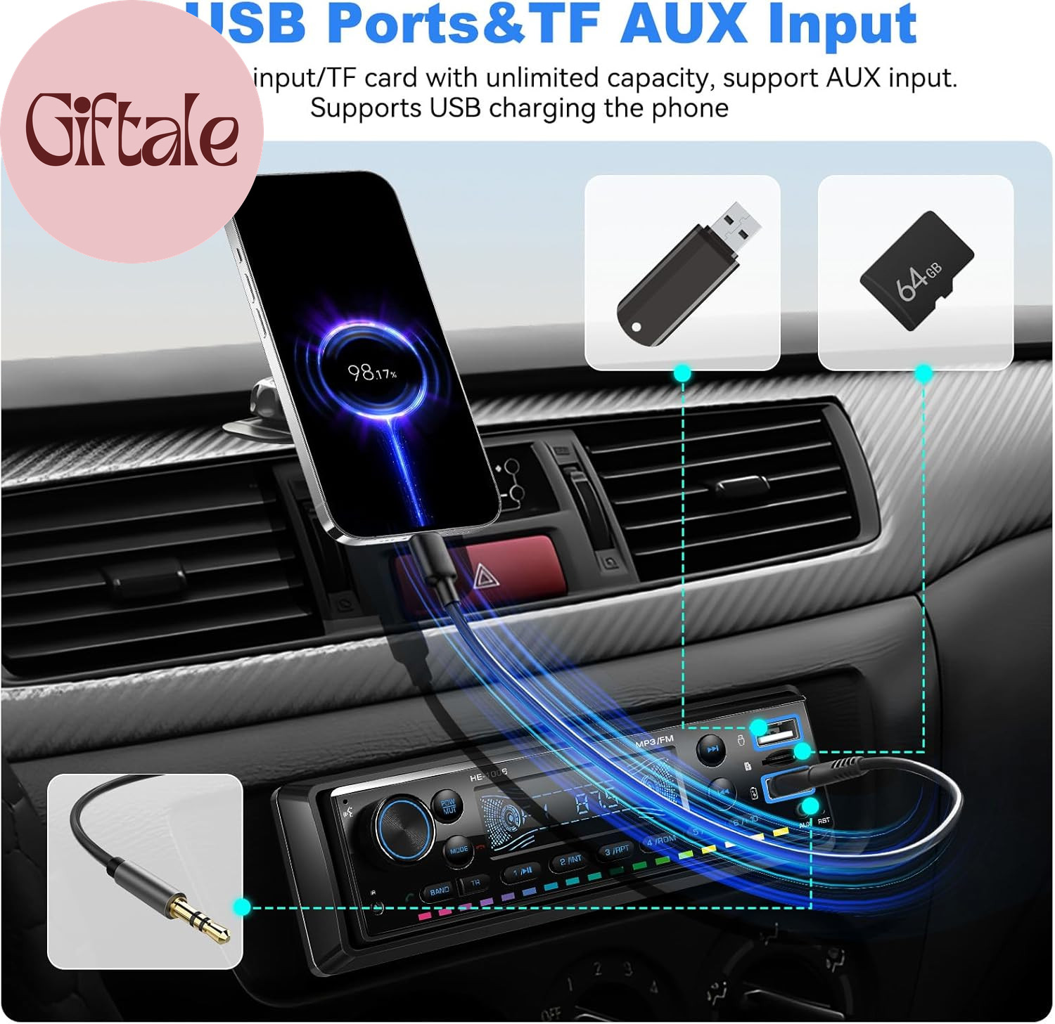 Single DIN Bluetooth Car Stereo FM Radio MP3 Player with 64GB TF Card