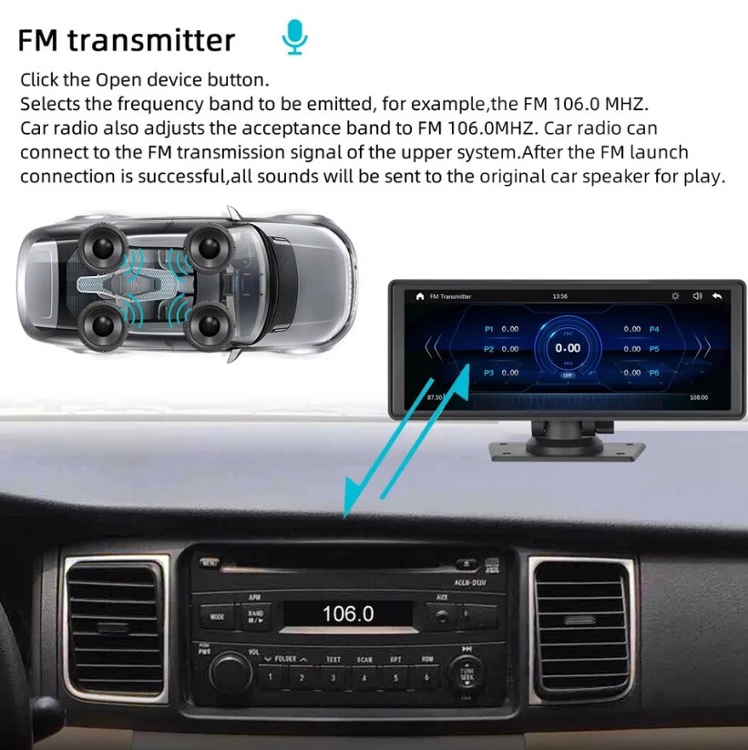 Portable Wireless Carplay 9.3″ Bluetooth Touch Screen Car Stereo FM Radio CAM