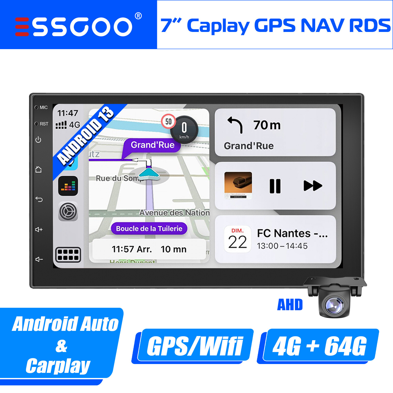 7″ 2 DIN Android 13 Apple Carplay Stereo GPS Navigation WIFI Radio 4+64G Camera