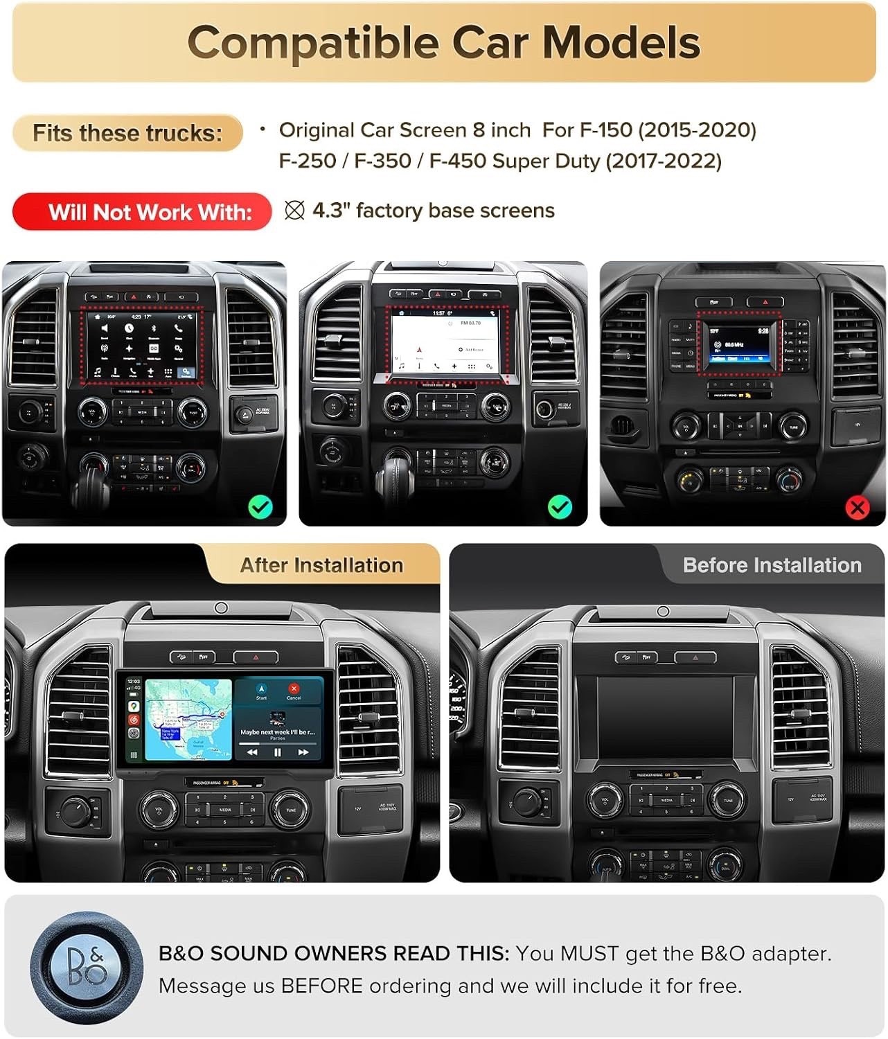 10.33″ QLED Radio for Ford F150/F250/F350, 4+64GB, Read for Compatible Years
