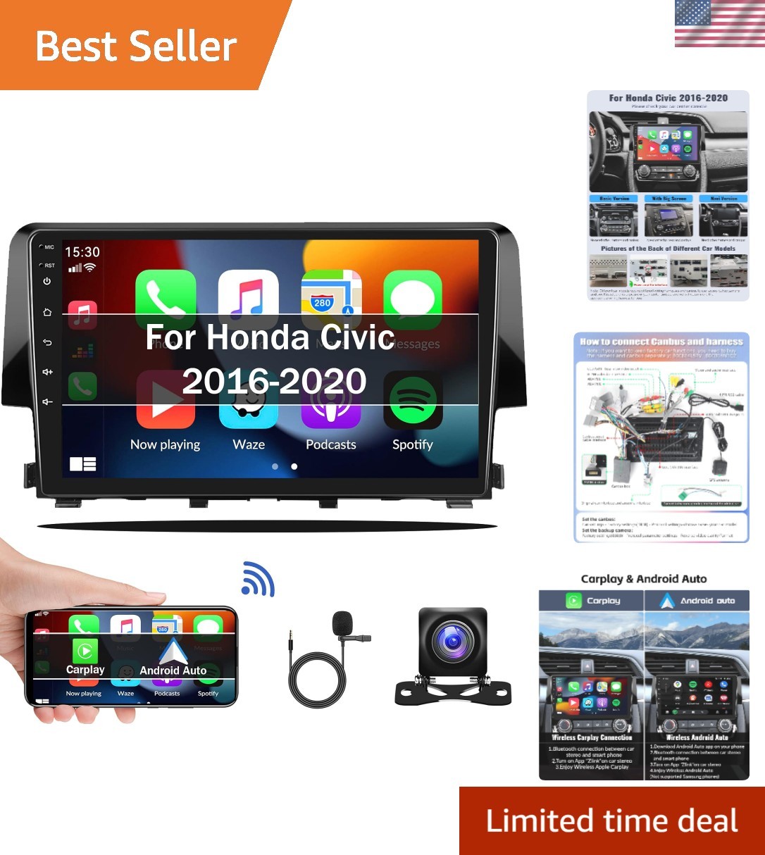 Elegant 9” Android Car Stereo for Honda Civic 2016-2020 with Wireless CarPlay