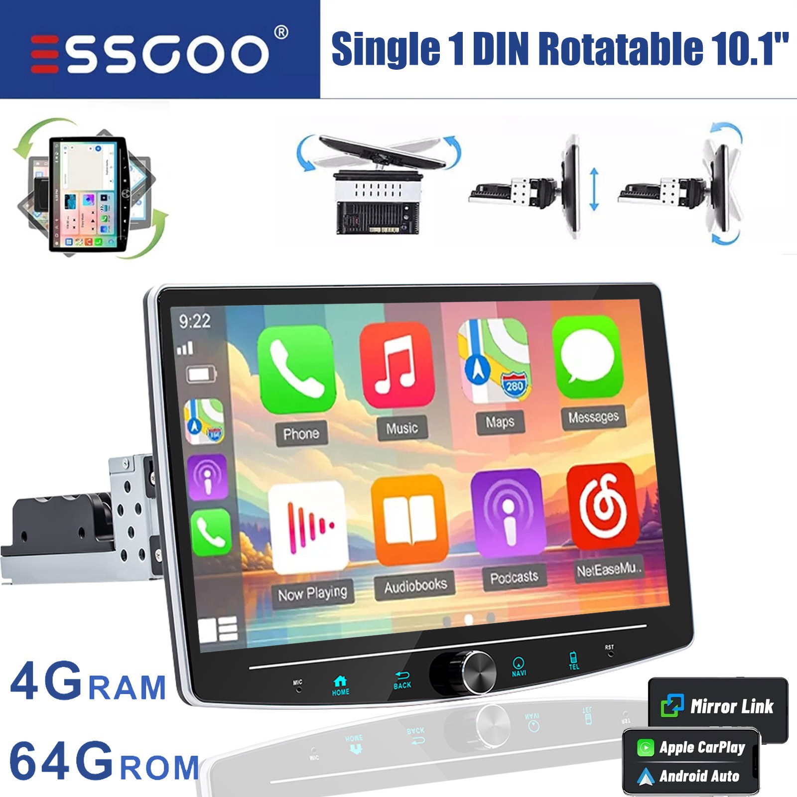 10.1″ Android 15 4+64GB Carplay Rotatable Car Stereo Radio 1Din GPS Navi SWC+CAM