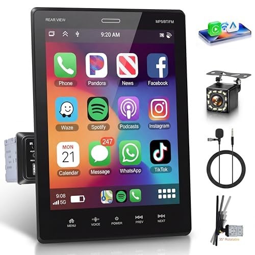 9.5″ Single Din Touchscreen Car Stereo, CarPlay & Android Auto, 1080P IPS, Bluet