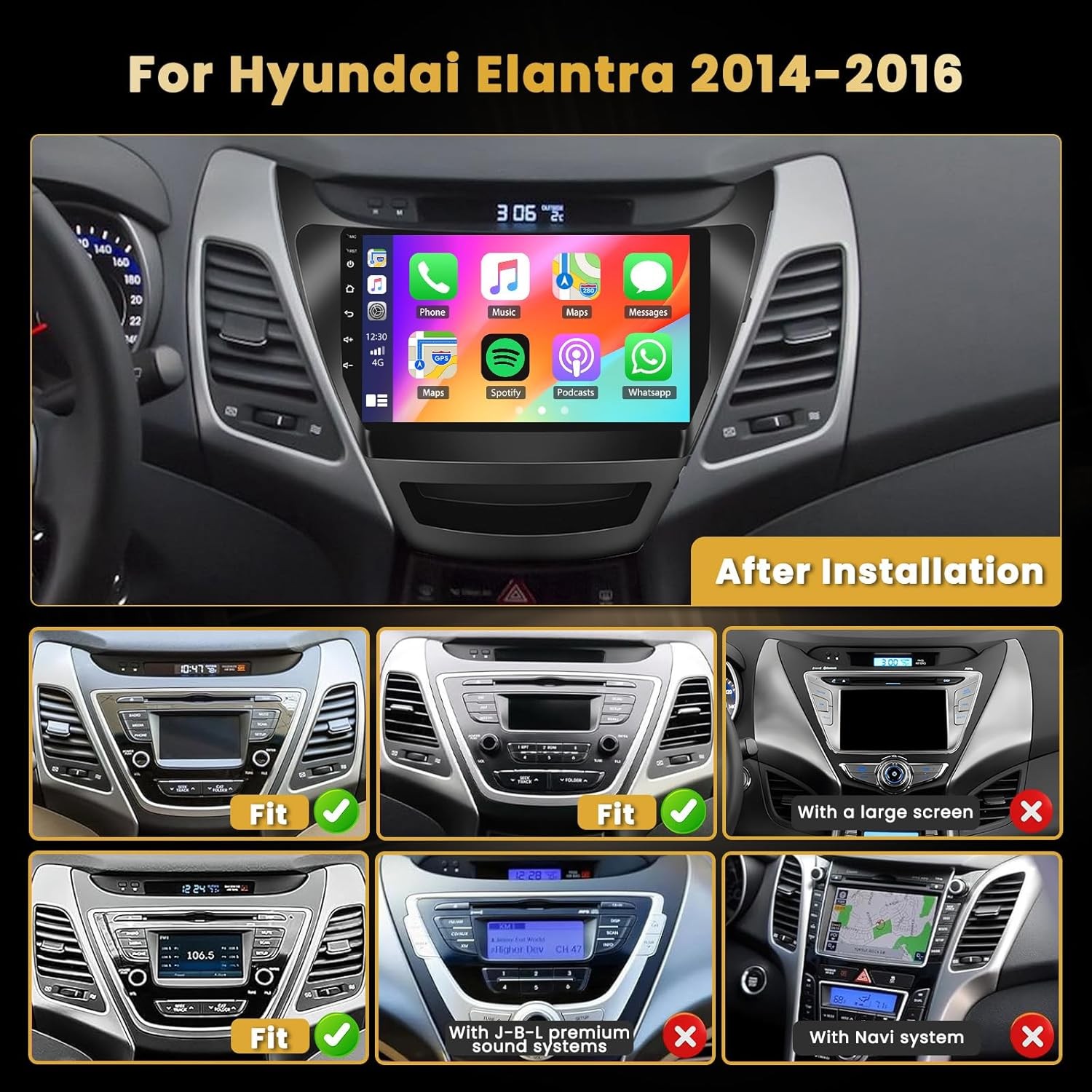 64G Car Radio for Hyundai Elantra 2014-2016 Carplay Android Auto 1280*800 GPS