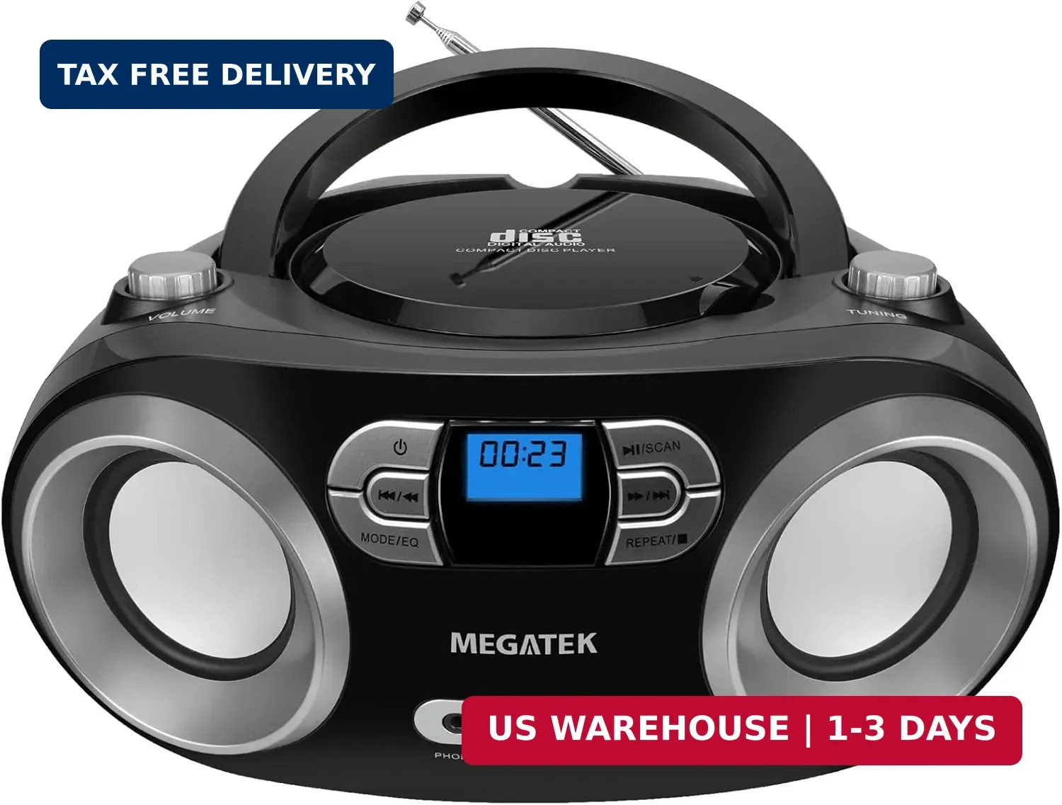 MEGATEK Portable CD Player Boombox with FM Radio, Bluetooth, USB Port, AUX Input