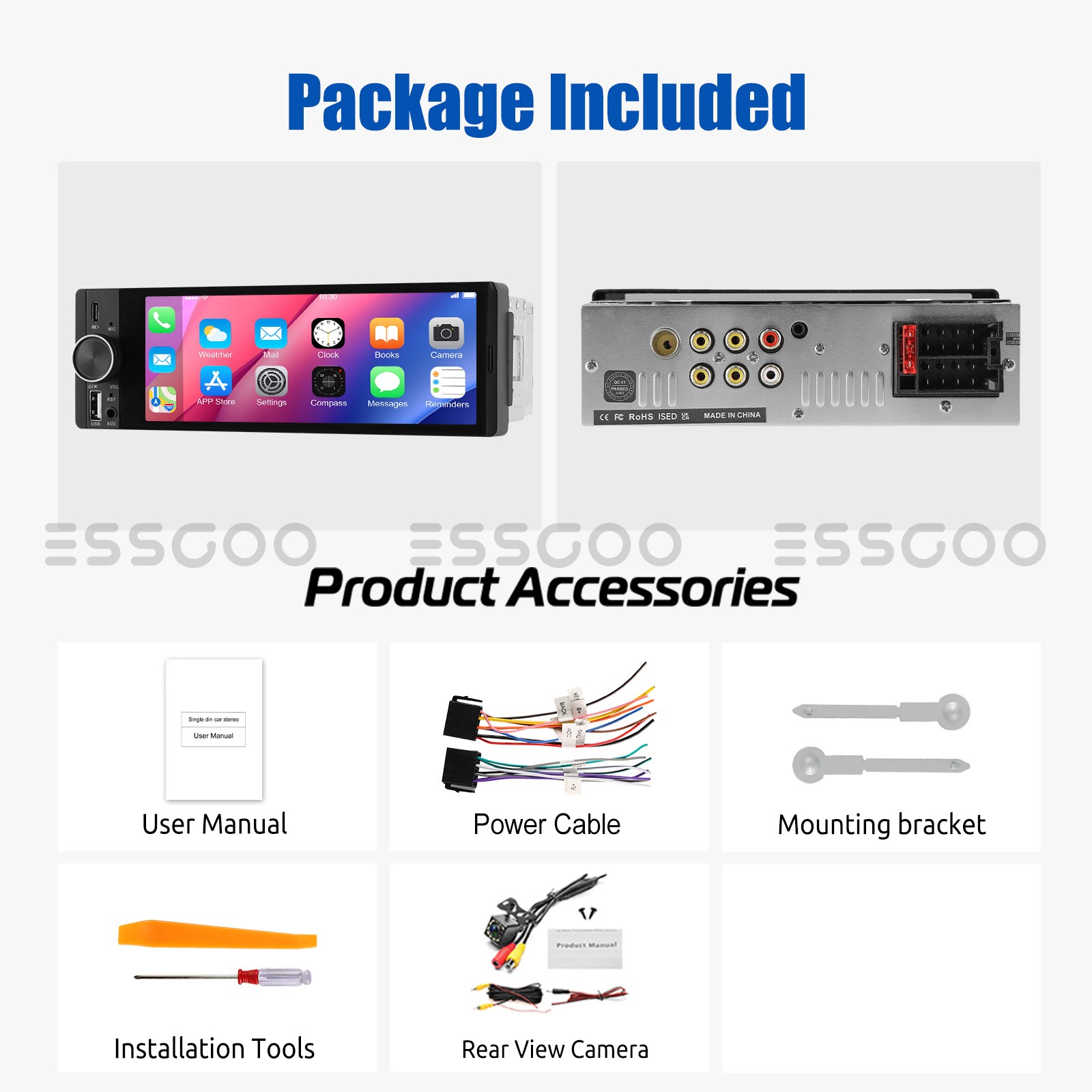 Wireless CarPlay Android Auto 6.36″ Single DIN Car Stereo Radio Bluetooth FM+Cam