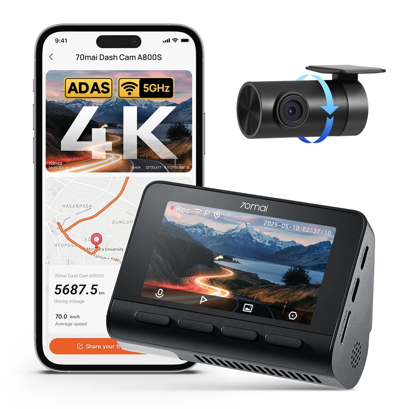 70mai 4K Dash Cam Front&Rear, STARVIS, 5GHz WiFi, GPS, ADAS, Parking Monitor
