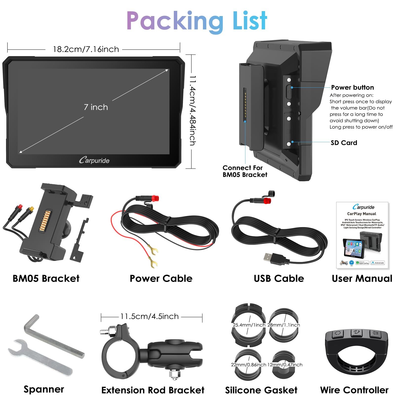 Carpuride W702S Moto Carplay Screen BMW BM05 Mount Android Auto Wired Controller