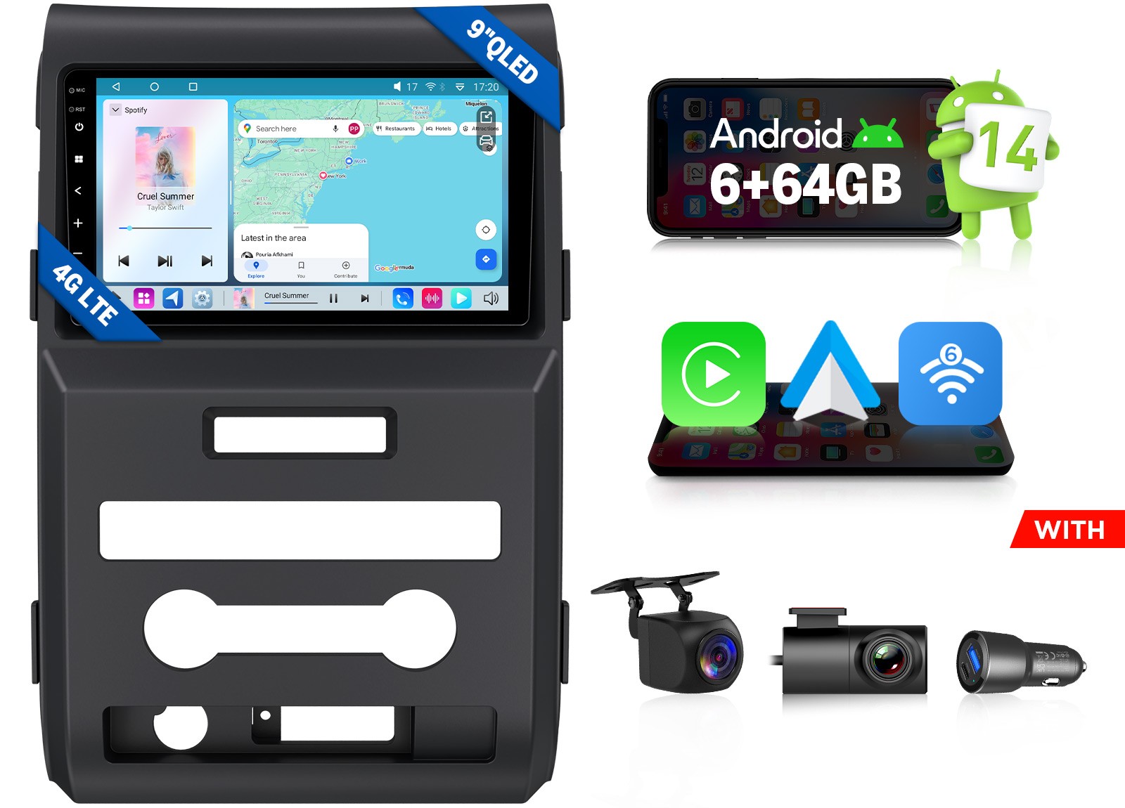 For Ford F150 Android 14 9″ QLED 6+64G Car Radio Wireless CarPlay Navigation SWC