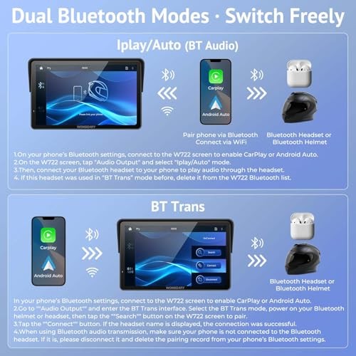 W722 for Motorcycle CarPlay & Android Auto,7″ Waterproof Smart GPS 7 Inch