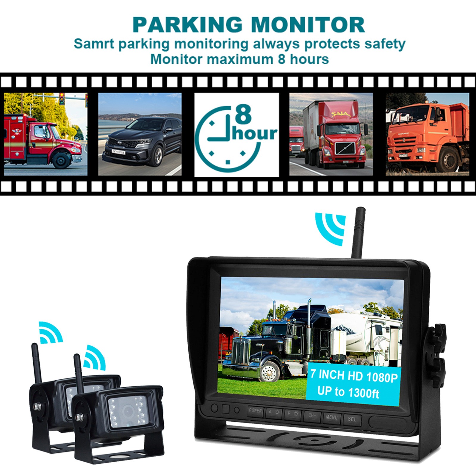 7″ Wireless AHD 1080P Display 2CH Rear View Backup Camera Kit for Truck Trailer