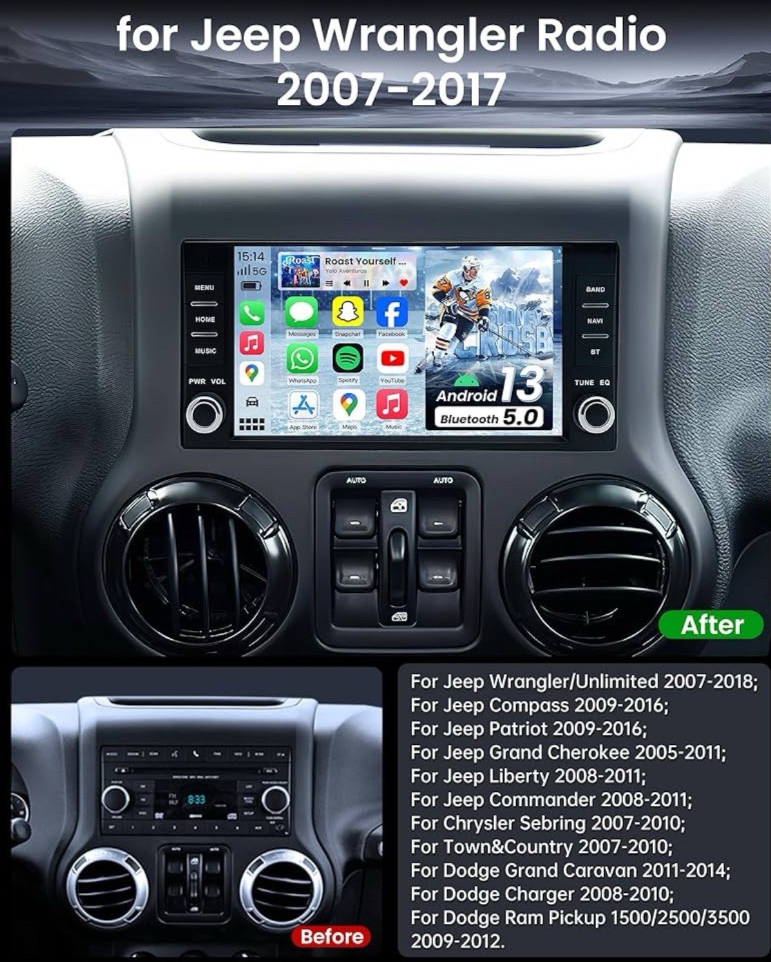 For Jeep Wrangler 3 JK 2007-2017 10.1″ Android 13.0 Car Radio Stereo GPS CARPLAY