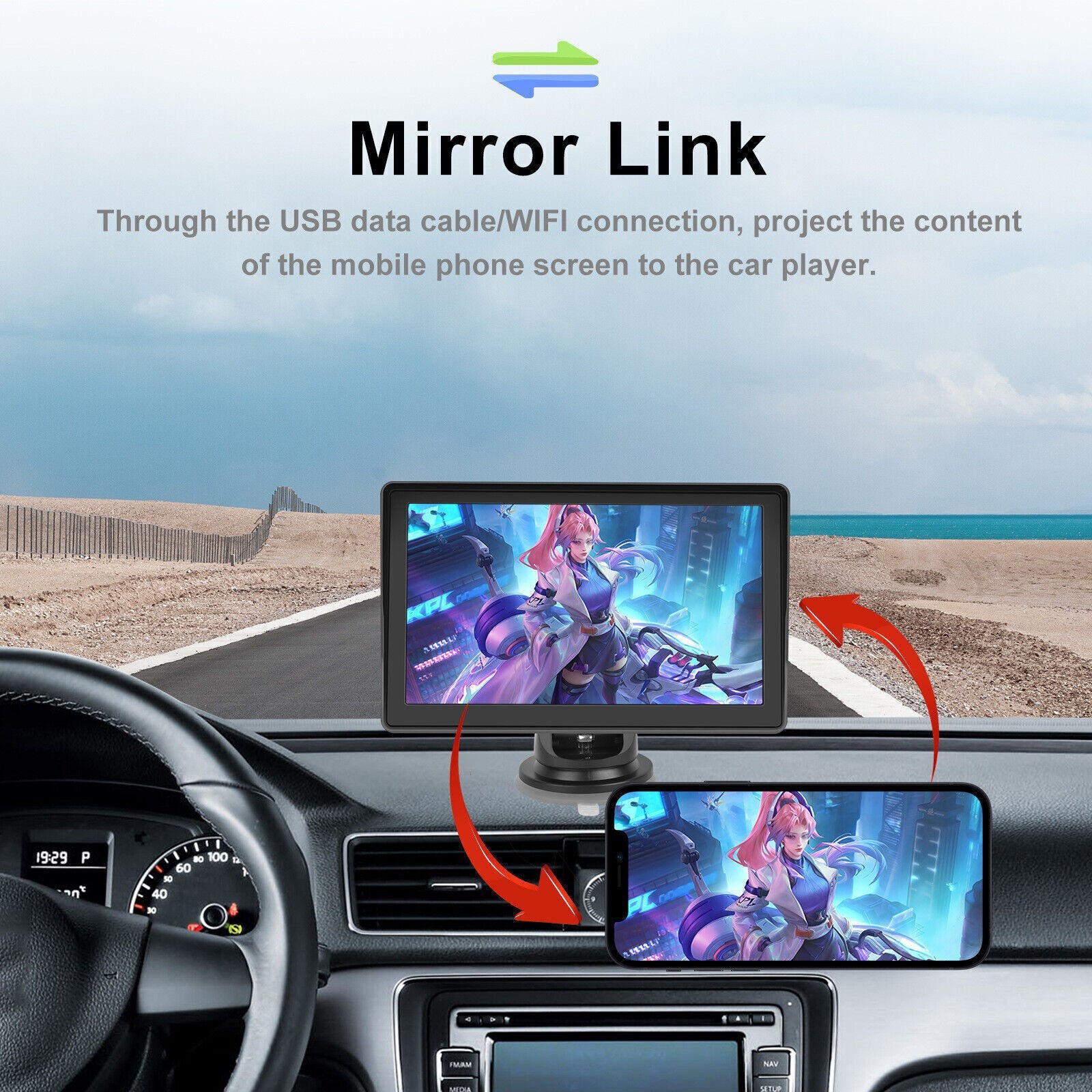 7″ Portable Car Monitor Wireless Carplay Android Auto Bluetooth MP5 Player