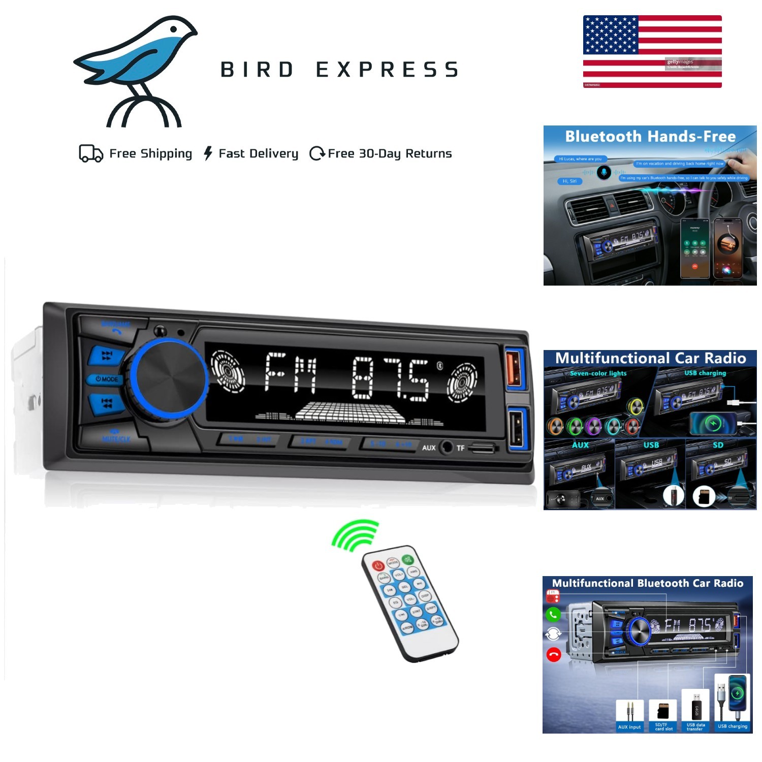 Bluetooth Car Stereo Radio with FM/MP3/AUX Dual USB App Control and LED Lights