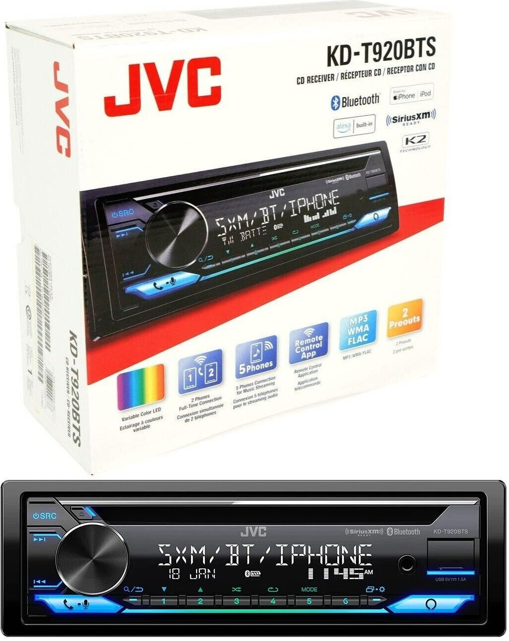 JVC KD-T920BTS Bluetooth CD Player Android iPhone Pandora AM FM XM USB Aux 4-Ch