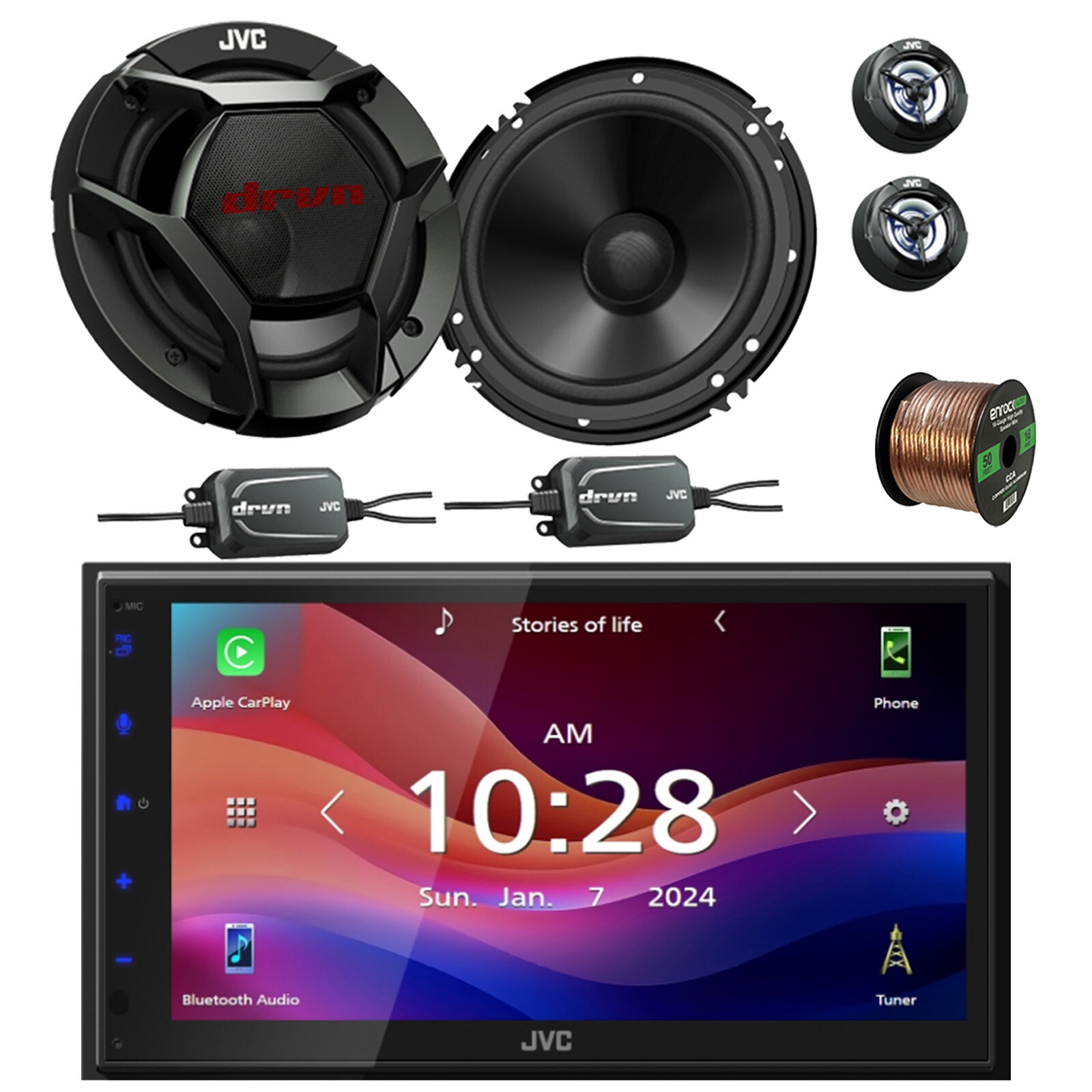 JVC 6.8″ Touchscreen WiFI Bluetooth Radio, 2x 6.5″ 360W 2-Way Car Speaker, Wire