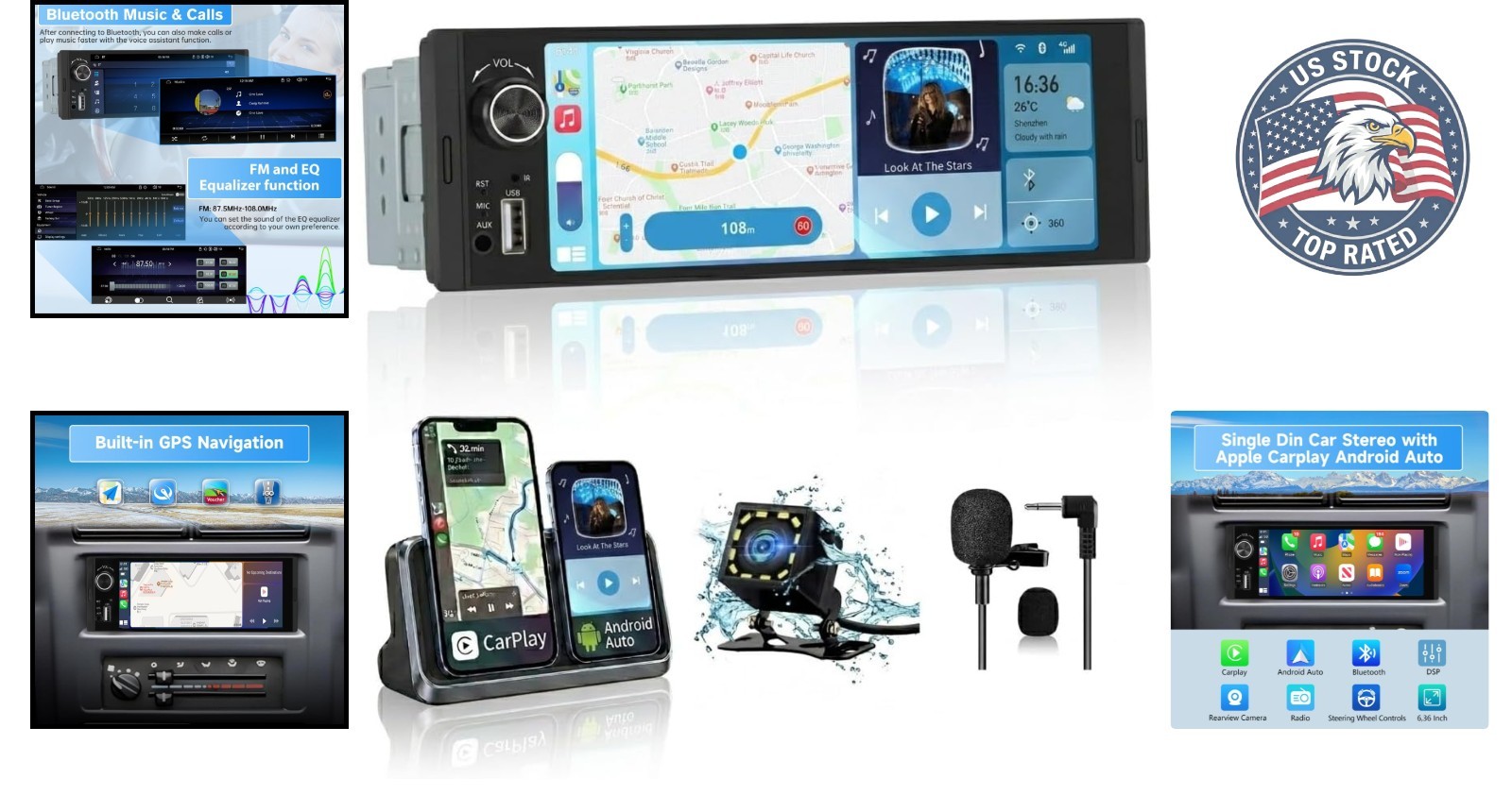 6.36 Inch Car Stereo with CarPlay, Android Auto & 5-Band EQ for Custom Sound
