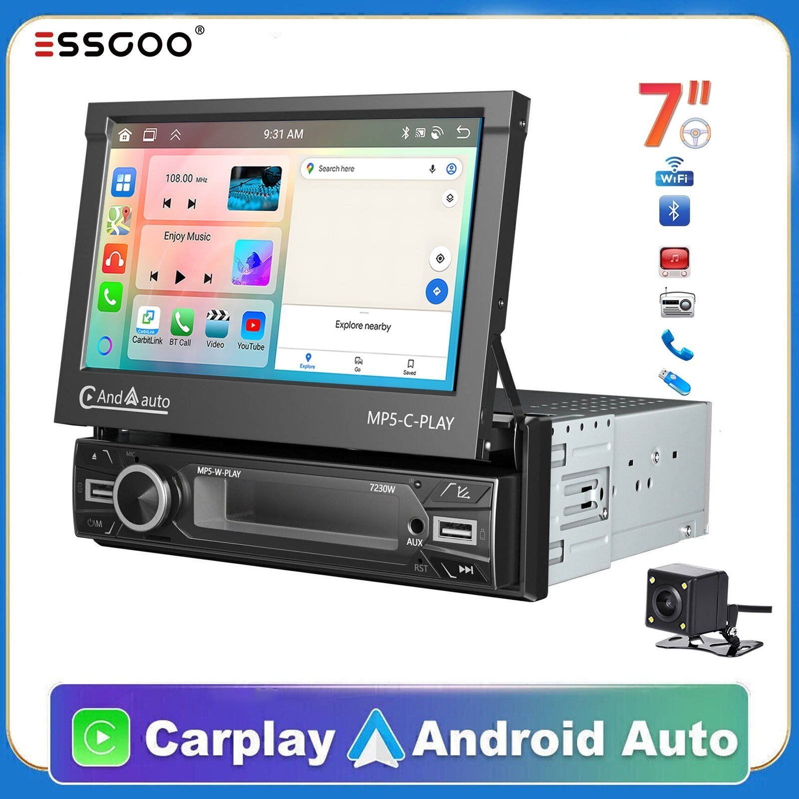 7″ Single 1DIN Car Radio Stereo Player Flip Out Touch Screen Andriod Auto BT USB
