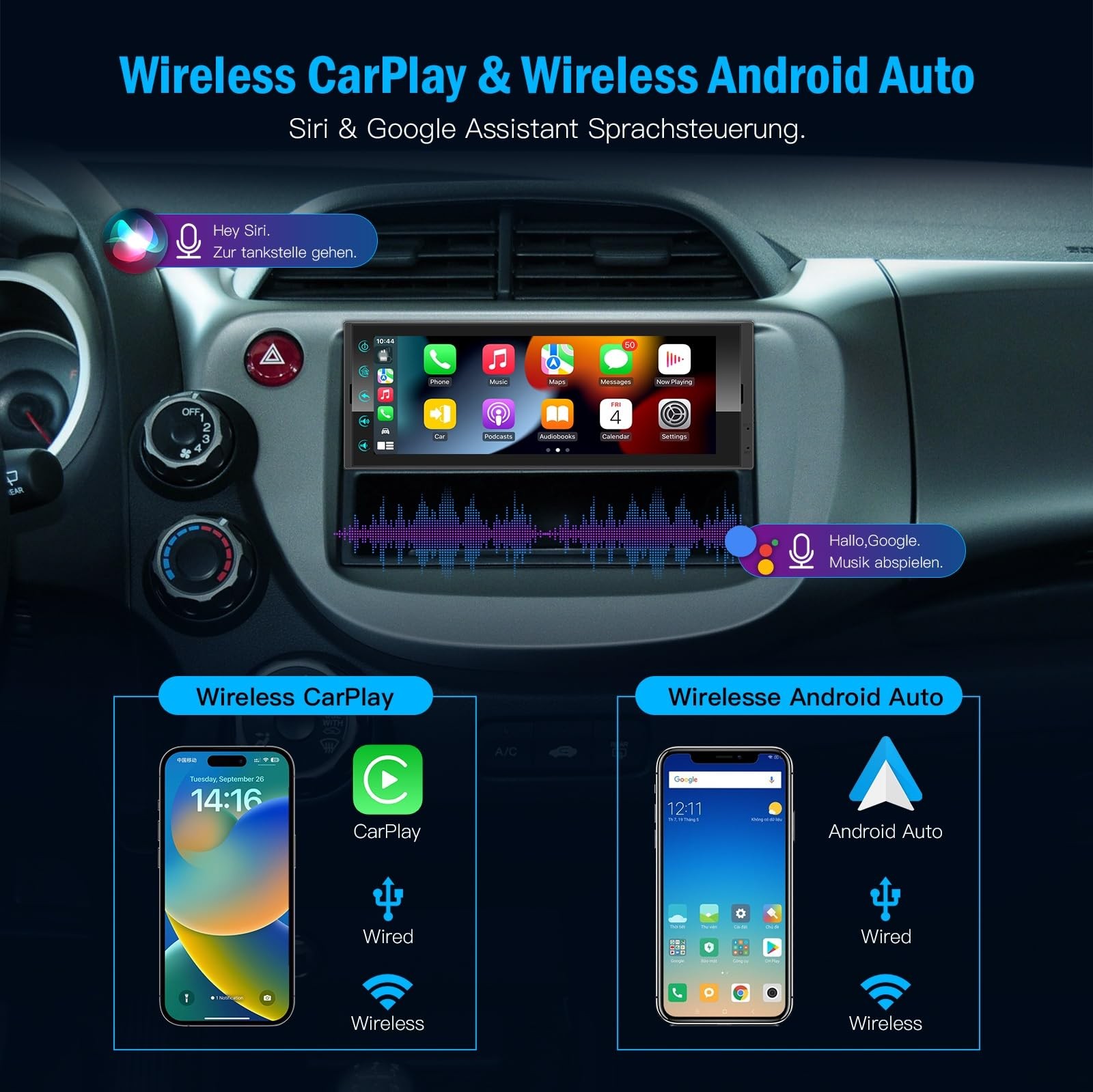 Single DIN Car Radio 6.9″ Wireless Apple CarPlay Android Auto Bluetooth 5.2