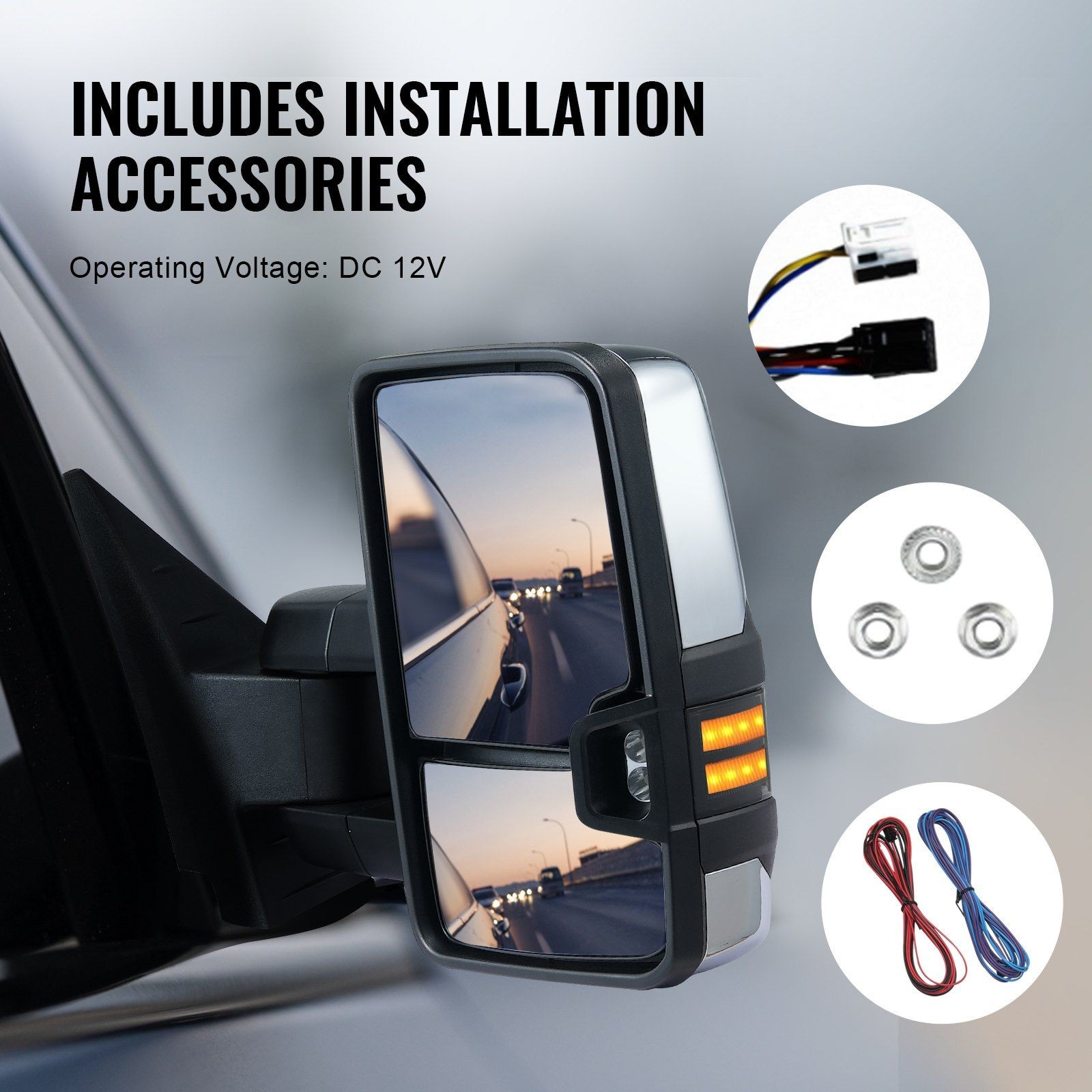 Tow Mirrors with Power Heated Glass LED Signal Lighting System Silver 70