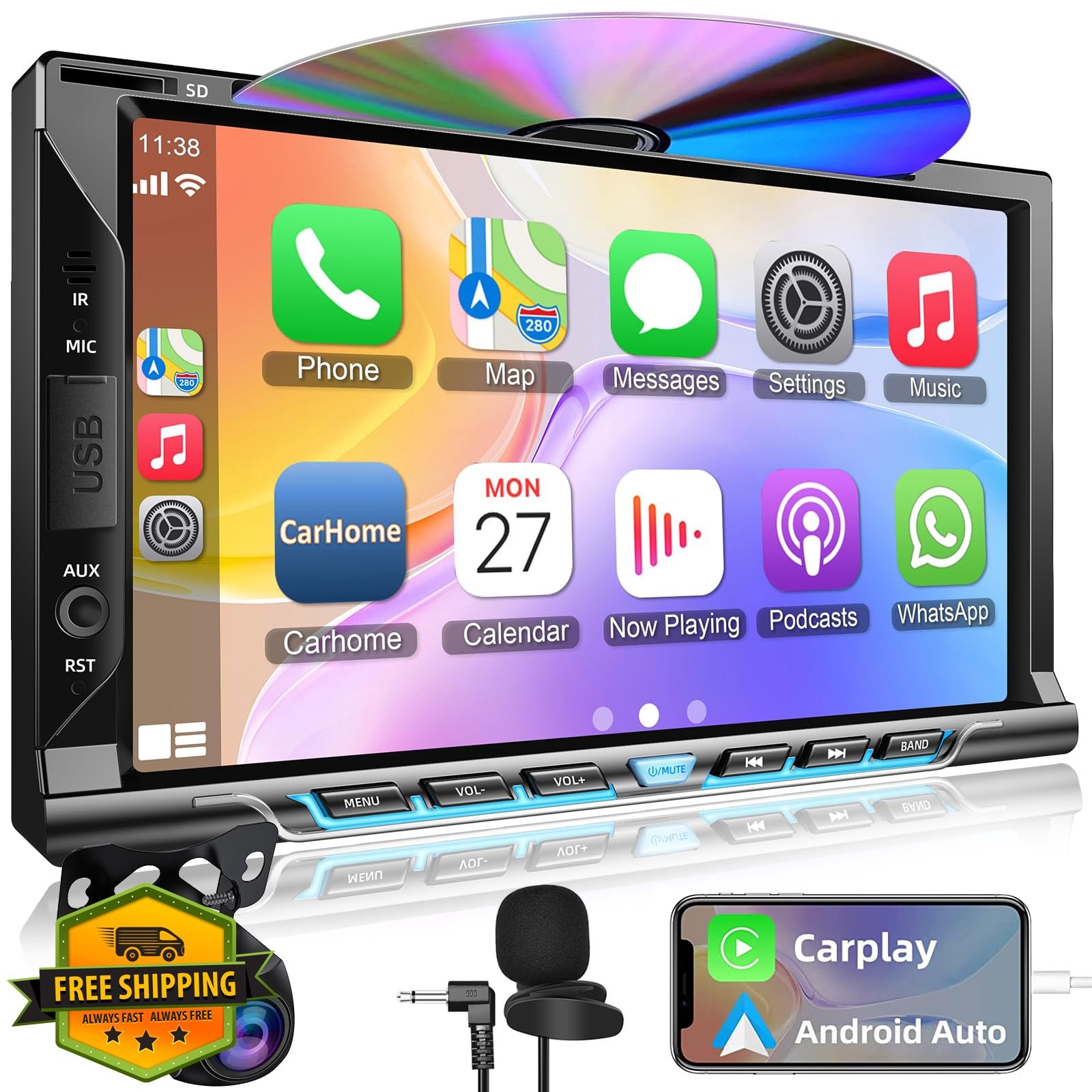 Double Din Car Stereo CD DVD Player 7″ Touchscreen CarPlay Android Auto Bluet…