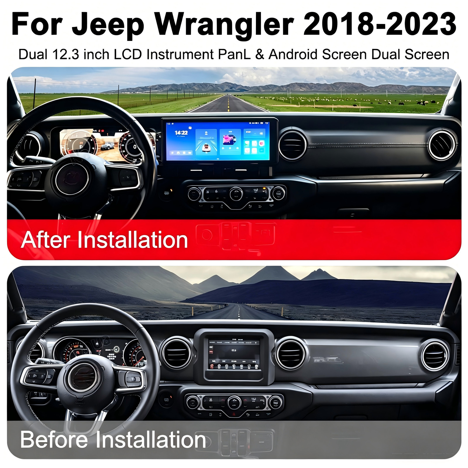 Dual Screen Car Radio for Jeep Wrangler JL Gladiator 2018-2023 Stereo Upgrade