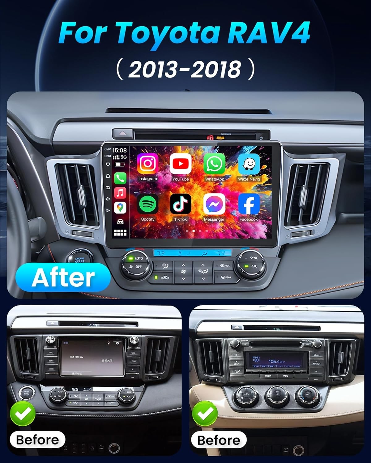 For Toyota RAV4 2013-2018 4Core 64G 10.1″ Stereo Radio Carplay Mirror Link Apple