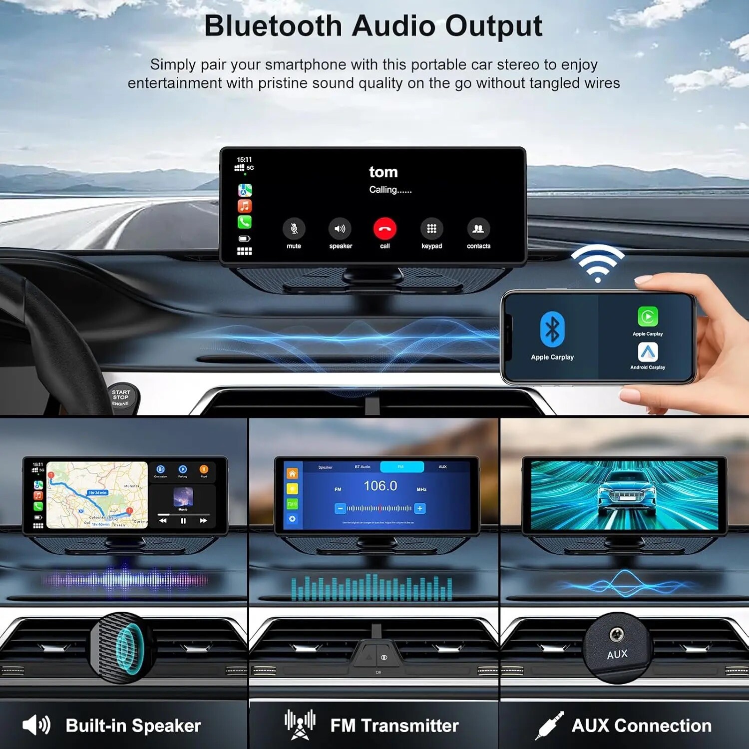 10.26 Inch. Touch Screen Car Radio Apple CarPlay Android Auto Portable Stereo