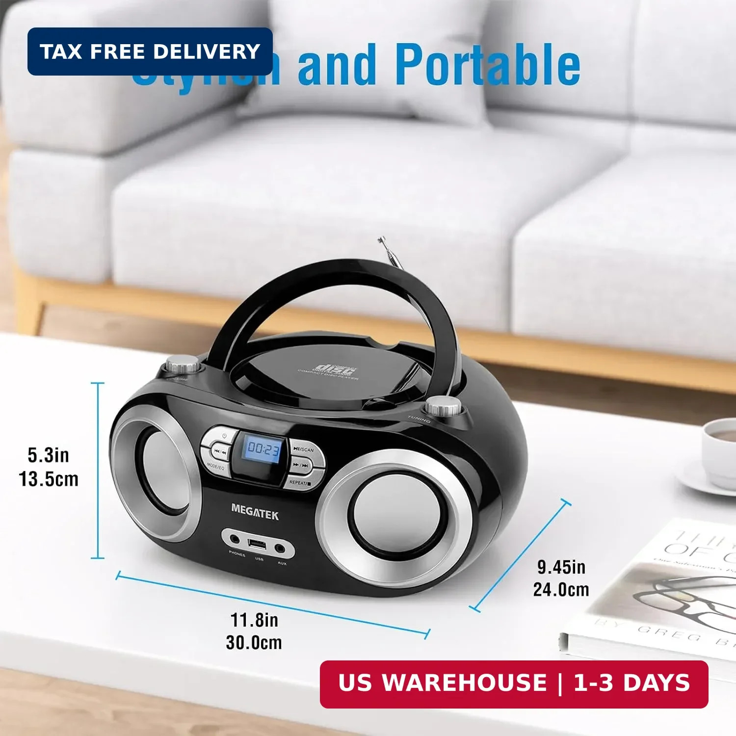 MEGATEK Portable CD Player Boombox with FM Radio, Bluetooth, USB Port, AUX Input