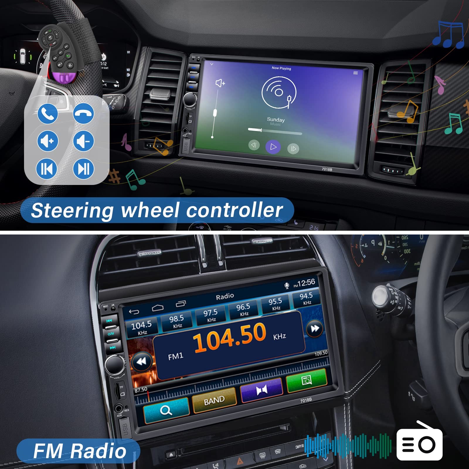 Double Din Car Stereo with Backup Camera Microphone, 7′ Black & Silver