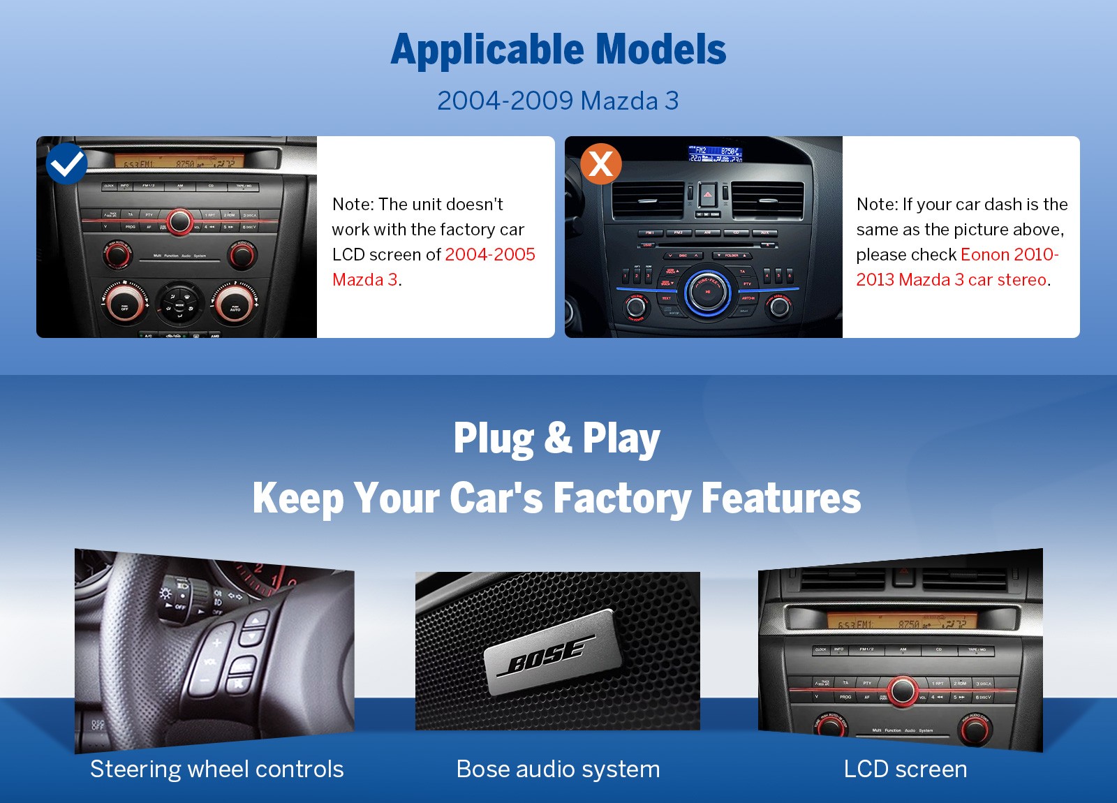 Eonon M3BKX7A 9″ IPS Android 4+64 for Mazda3 2004-2009 Car Radio CarPlay GPS DSP