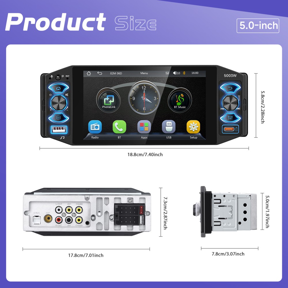5″ Single 1Din Car Stereo Radio USB BT Wireless Android auto Carplay BT + Camera